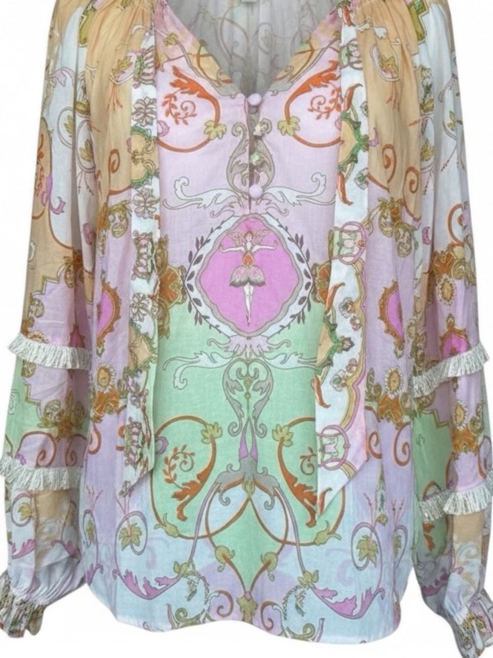 Hale Bob Pink Pastel Print Fringe Trim Cotton Blouse XS, 22AS2144